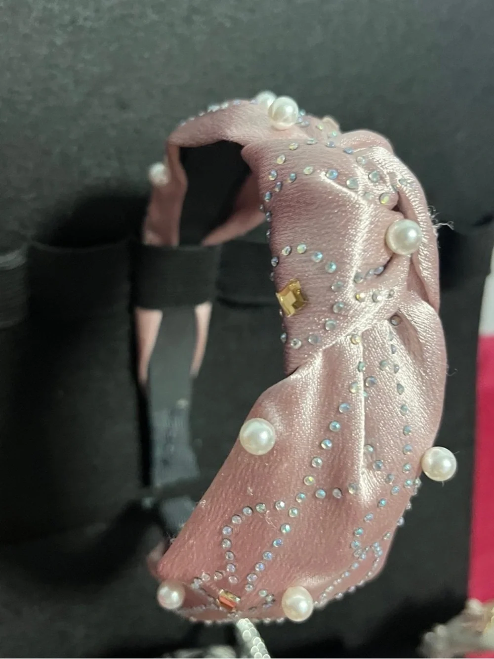Pearl-Embellished Pink Satin Headband